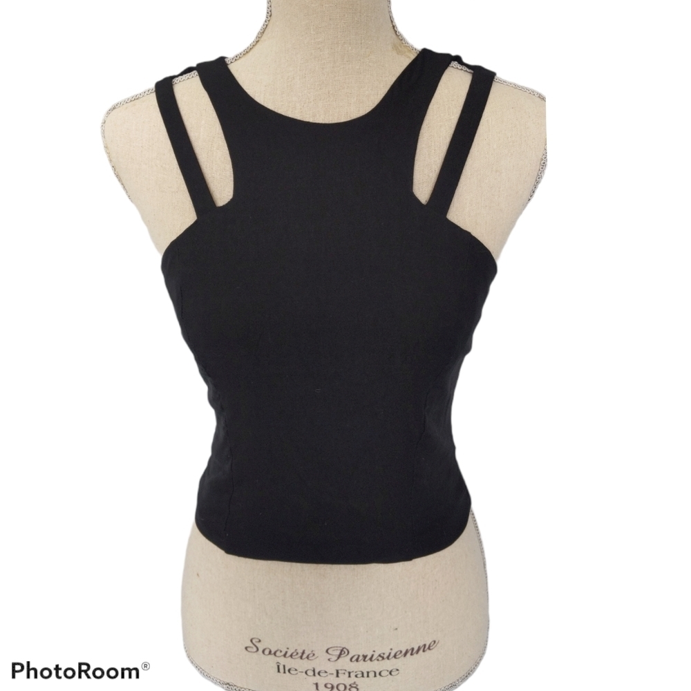 ANTHROPOLOGIE Tea & Rose Black Strappy Zipper Back Top